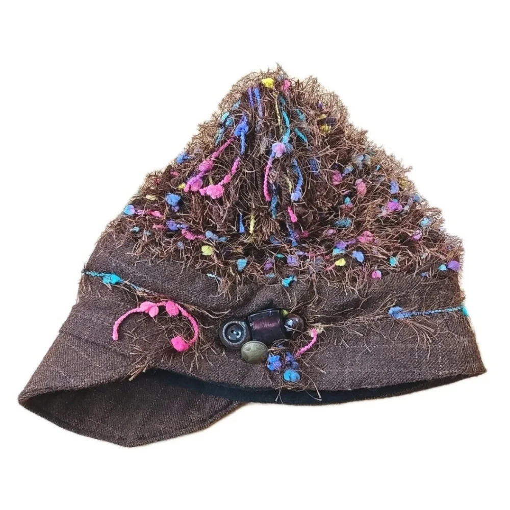 Sue Gallion Y2k Fairy Artsy Boho Brown Frilly Rainbow Confetti Beanie Hat Cap